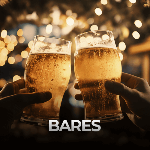 Duas mãos tilintando copos de cerveja com um fundo festivo e desfocado e o texto "BARES" na parte inferior.