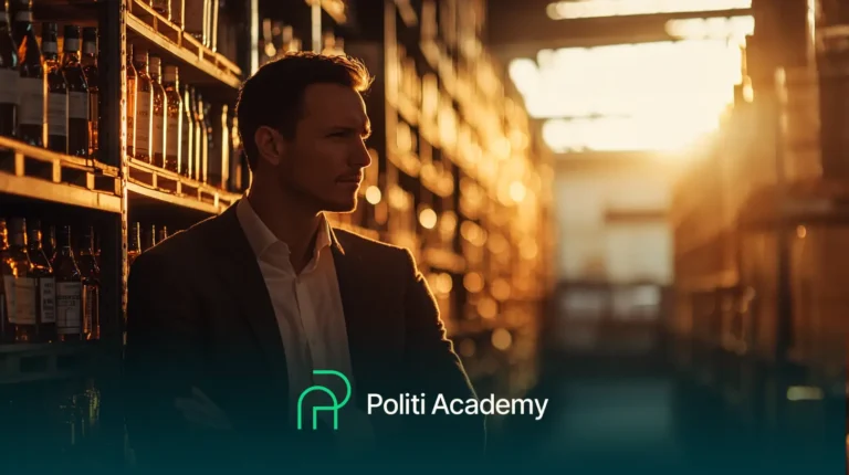 Uma pessoa está em um armazém mal iluminado com prateleiras de garrafas, iluminadas pela luz do sol. O logotipo diz "Politi Academy.