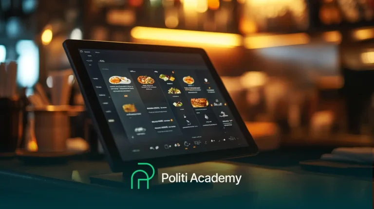 Um tablet mostrando uma interface de menu de restaurante está em um balcão em um ambiente mal iluminado. O logotipo "Politi Academy" é visível na parte inferior.