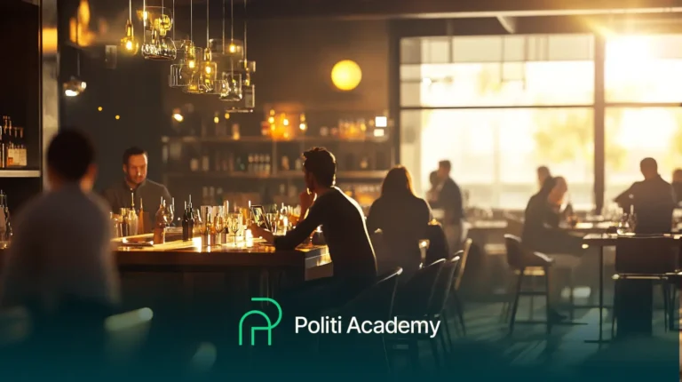 Pessoas sentadas em um bar e mesas em um restaurante bem iluminado, com o texto "Politi Academy" sobreposto na imagem.