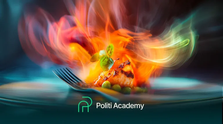 Um pedaço de salmão grelhado com ervilhas e manjericão está em um prato, cercado por fumaça colorida e rodopiante. O logotipo da Politi Academy está na parte inferior.