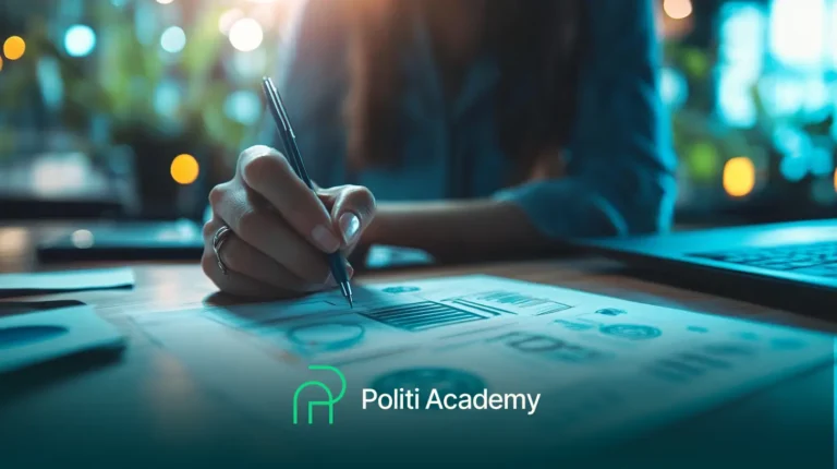 Pessoa escrevendo em papel em uma sala mal iluminada, com um laptop por perto. A imagem tem um logotipo "Politi Academy" na parte inferior.