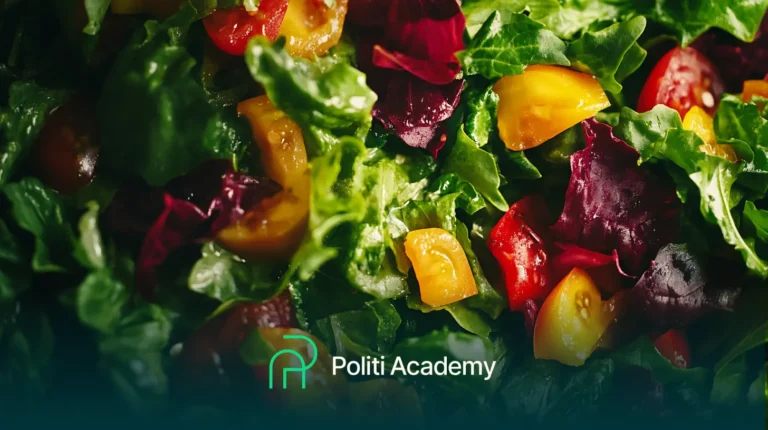 Close de uma salada mista colorida com pimentões verdes, vermelhos e amarelos, e um logotipo da Politi Academy no canto.