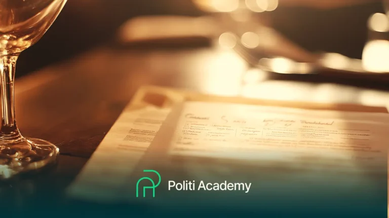 Um fundo desfocado com documentos sobre uma mesa. O logotipo "Politi Academy" está na parte inferior.