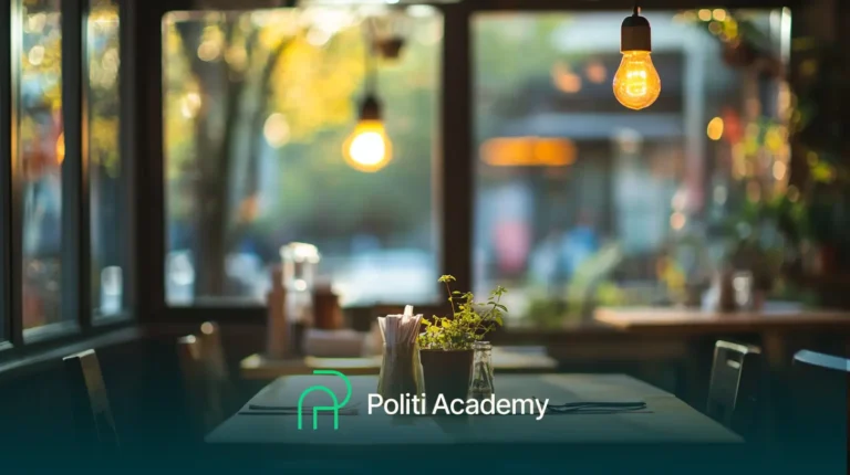 Interior aconchegante de um café com mesas de madeira, cadeiras, plantas e lâmpadas penduradas, com o logotipo da Politi Academy.