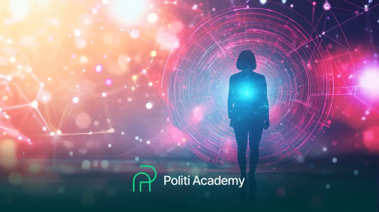 Silhueta de uma pessoa contra um fundo digital colorido e abstrato com o texto "Politi Academy" na parte inferior.