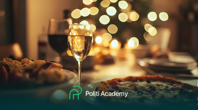 Uma mesa com pizza, macarrão e taças de vinho em foco, com luzes decorativas desfocadas e um logotipo com os dizeres "Politi Academy" na parte inferior.