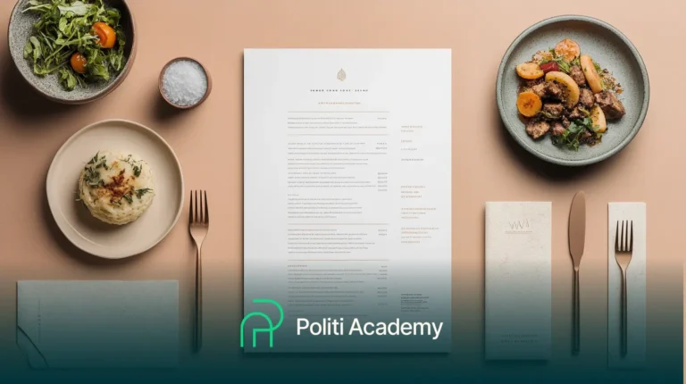 Um cardápio de restaurante sobre uma mesa, cercado por pratos de salada, purê de batata, vegetais e carne, junto com utensílios. O texto na parte inferior diz "Politi Academy.