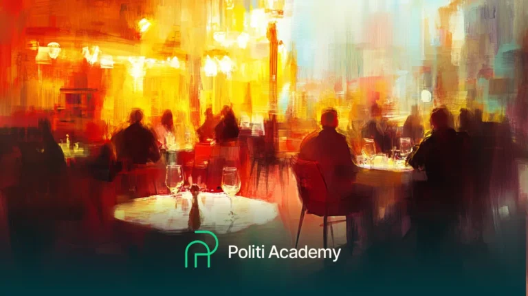 Pintura abstrata representando pessoas sentadas em mesas em um ambiente vibrante e colorido, com o texto "Politi Academy" na parte inferior.