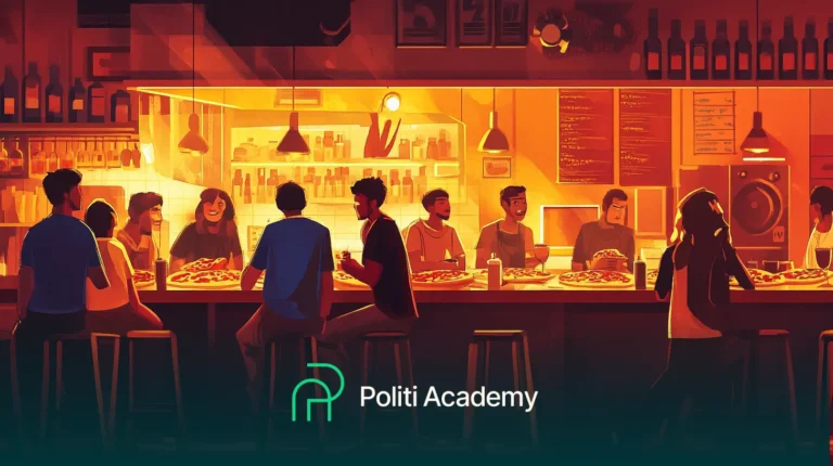 Um grupo de pessoas apreciando pizza e bebidas em um bar animado com iluminação quente. O logotipo "Politi Academy" é visível na parte inferior.