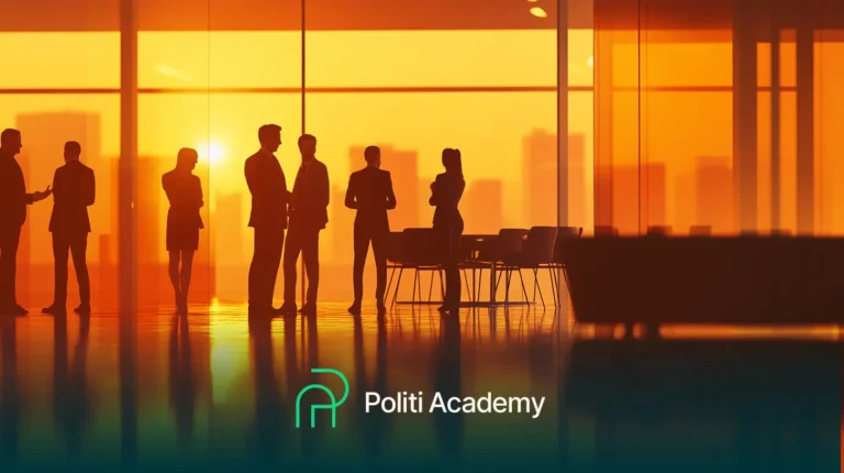 Silhuetas de pessoas em pé conversando em um escritório moderno com grandes janelas durante o pôr do sol. Logotipo da "Politi Academy" na parte inferior.