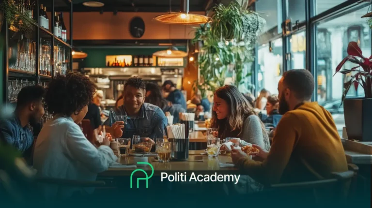 Um grupo de pessoas se senta ao redor de uma mesa em um restaurante aconchegante, conversando. A cena é bem iluminada, com comida e bebidas visíveis. As palavras "Politi Academy" são exibidas na parte inferior.