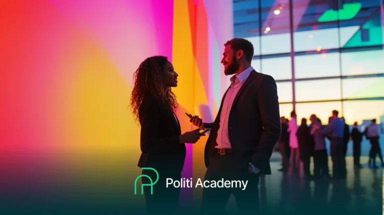 Duas pessoas conversando em um local de evento colorido, com vários participantes ao fundo. O logotipo da Politi Academy é visível em primeiro plano.