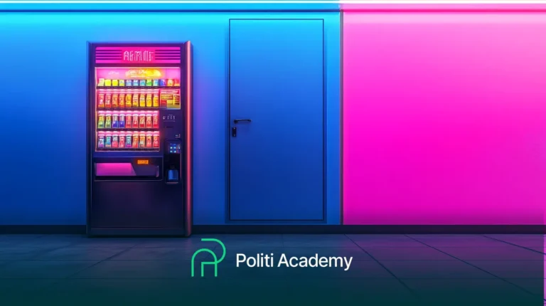 Uma máquina de venda automática bem iluminada ao lado de uma porta, colocada contra uma parede rosa neon e azul. O logotipo da Politi Academy é exibido abaixo.
