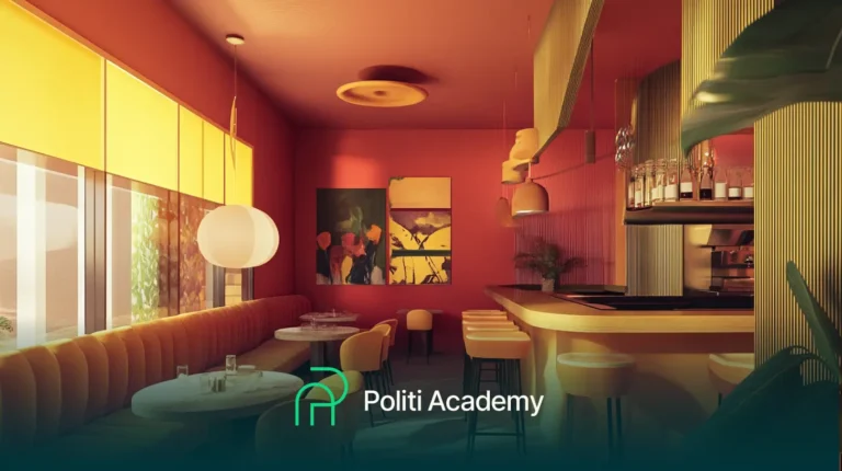 Um interior de café moderno e bem iluminado com paredes laranja, mesas redondas, assentos almofadados e um balcão. Grandes janelas com persianas amarelas oferecem luz natural. Obras de arte e luminárias adornam o espaço.