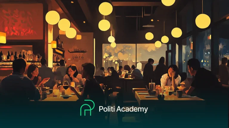 Um restaurante com pouca iluminação, com clientes jantando em mesas e luzes redondas no teto, com o logotipo da "Politi Academy" na parte inferior.