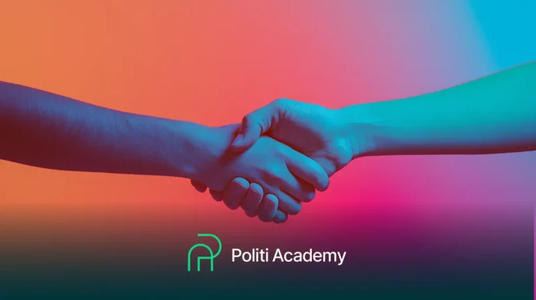 Duas mãos tremendo sobre um fundo colorido com o texto "Politi Academy" abaixo.