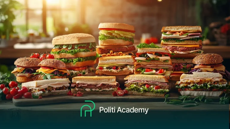 Uma variedade de sanduíches com diferentes recheios é exibida em uma mesa de madeira. "Politi Academy" está escrito na parte inferior.