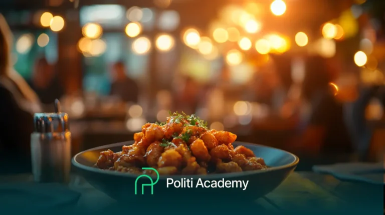Um prato de comida guarnecido com ervas em uma mesa em um ambiente de restaurante, com luzes desfocadas e clientes ao fundo. A sobreposição de texto diz "Politi Academy.
