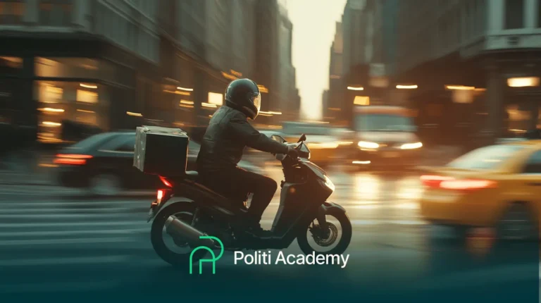 Uma pessoa anda de scooter com uma caixa montada na traseira por uma rua da cidade. O fundo está desfocado, indicando movimento. O logotipo "Politi Academy" está no primeiro plano inferior.