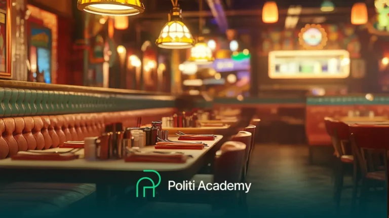 Um restaurante de estilo retrô com mesas vazias e assentos acolchoados vermelhos, decoração vintage e iluminação aconchegante.