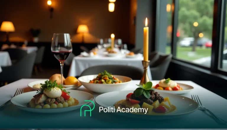 Uma mesa de restaurante à luz de velas com pratos de comida, uma taça de vinho tinto e utensílios. O fundo apresenta mais mesas e janelas grandes. Logotipo da "Politi Academy" na parte inferior.