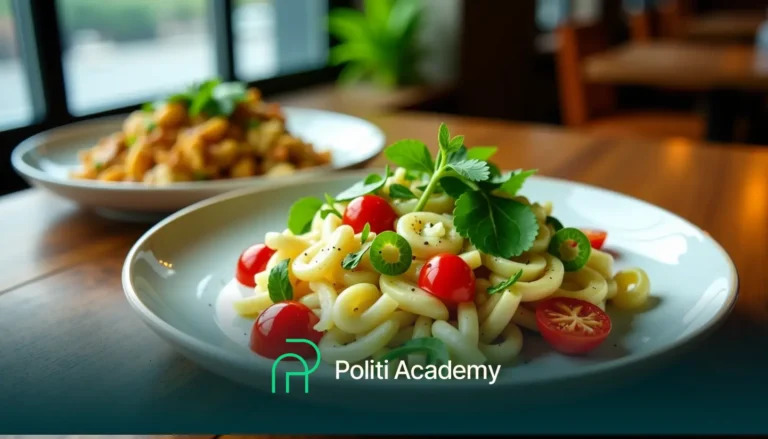 Um prato de macarrão com tomates cereja e verduras em uma mesa, com outro prato ao fundo. Texto e logotipo "Politi Academy" na parte inferior da imagem.