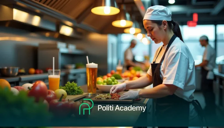 Chef em uma cozinha comercial preparando comida, usando um chapéu e luvas de chef. Várias frutas, vegetais e bebidas estão no balcão. O logotipo diz "Politi Academy.
