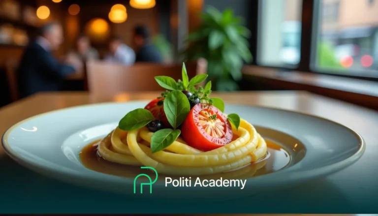 Um prato de macarrão guarnecido com fatias de tomate e ervas frescas, servido com molho. O fundo desfocado mostra uma área de jantar com pessoas. Texto "Politi Academy" na parte inferior.