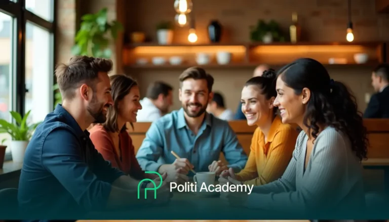 Cinco pessoas sentadas ao redor de uma mesa, sorrindo e conversando, com o logotipo da Politi Academy na parte inferior.