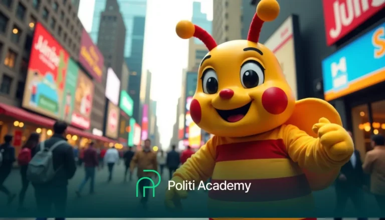 Uma pessoa em uma grande fantasia de abelha está sorrindo e posando em uma movimentada rua da cidade com outdoors brilhantes. O logotipo "Politi Academy" é visível na parte inferior.