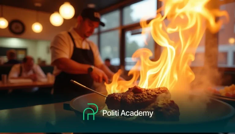 Chef cozinhando um prato no estilo flambado, produzindo chamas altas na cozinha de um restaurante com clientes desfocados ao fundo.