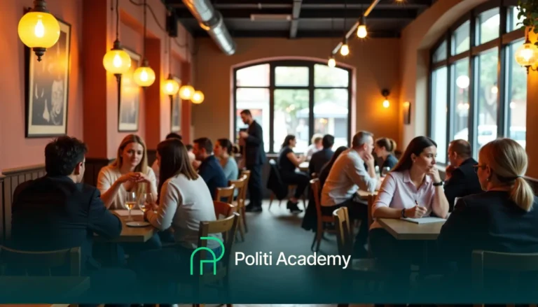 Pessoas sentadas e jantando em um restaurante com iluminação quente. Um logotipo na parte inferior diz "Politi Academy.