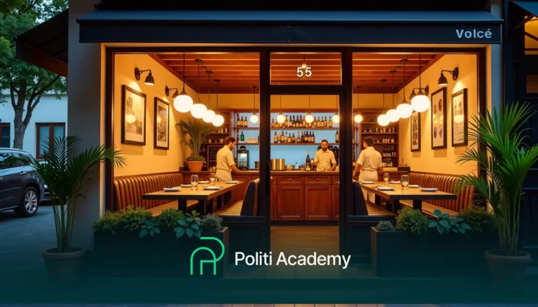 Um restaurante com três funcionários dentro, visíveis através de grandes janelas da frente. O restaurante é bem iluminado, com mesas e fotos emolduradas nas paredes. A sinalização diz "Politi Academy.