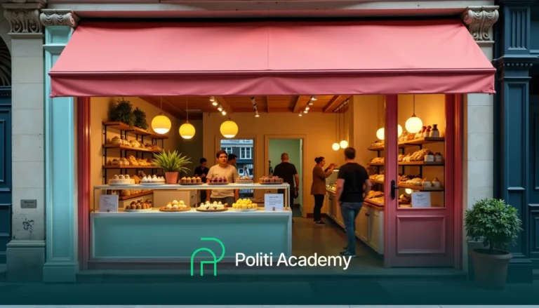 Padaria com toldo rosa exibe doces em prateleiras e balcões. Várias pessoas estão lá dentro. As palavras "Politi Academy" estão na parte inferior da imagem.