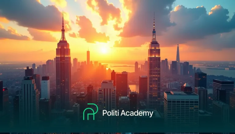 Horizonte da cidade ao pôr do sol com prédios altos, nuvens vibrantes e um horizonte brilhante. Logotipo e nome da Politi Academy em primeiro plano.