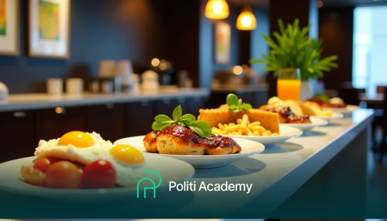 Um bufê de café da manhã com pratos de ovos, frango, batatas fritas e pão em um balcão. Um copo de suco e uma planta estão ao fundo. O texto diz "Politi Academy.