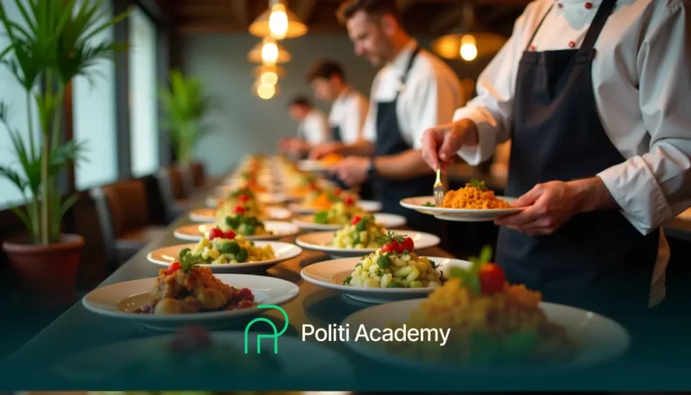 Chefs uniformizados preparando e arrumando pratos de comida em uma mesa longa, com um logotipo que diz "Politi Academy" em primeiro plano.