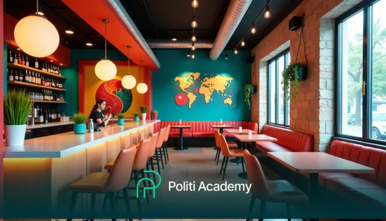 Café moderno e colorido com assentos vermelhos, um mural de mapa-múndi em uma parede azul-petróleo e luzes pendentes. Uma pessoa está de pé no balcão do bar. O logotipo da Politi Academy é visível na parte inferior.