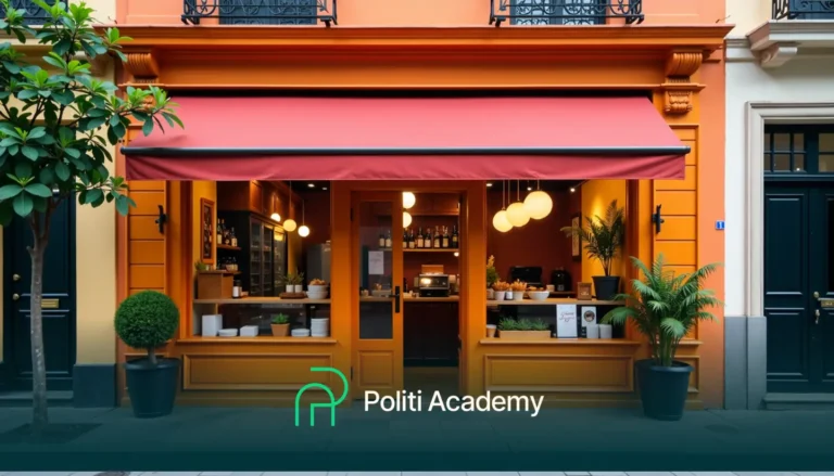 Um vibrante exterior de café com fachada laranja e toldo vermelho. Iluminação quente no interior. O logotipo "Politi Academy" é exibido na parte inferior.