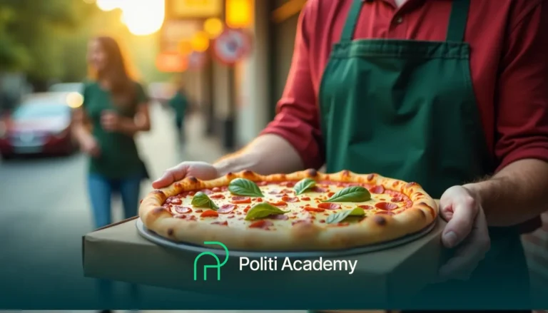 Uma pessoa com um avental verde segura uma caixa de pizza com uma pizza coberta com manjericão e calabresa. O logotipo "Politi Academy" é visível.