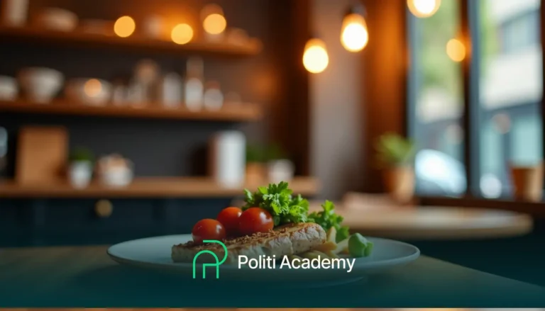 Um prato com bruschetta coberto com tomates-cereja e salsa em uma mesa. Fundo de cozinha desfocado com iluminação quente. Logotipo com os dizeres "Politi Academy" no canto inferior esquerdo.