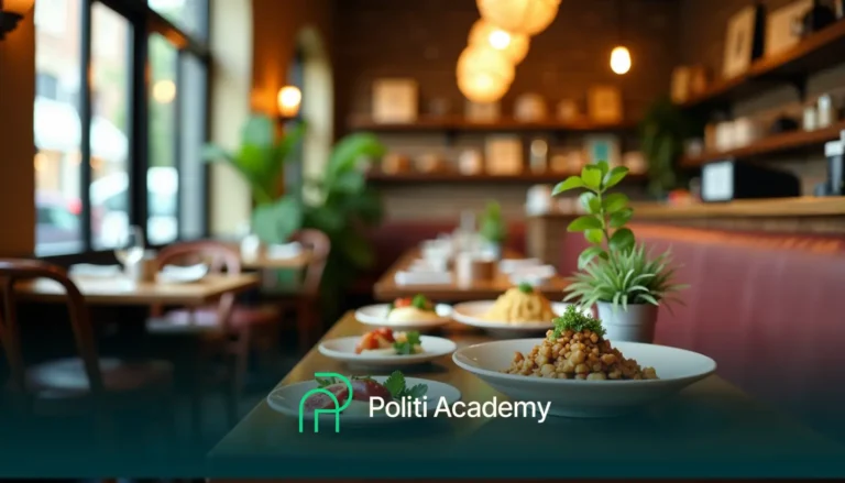 Pratos com vários pratos em uma mesa de madeira em um restaurante aconchegante com grandes janelas e plantas. O logotipo "Politi Academy" é visível na parte inferior.
