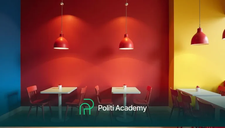 Café vazio com paredes vermelhas e amarelas, cadeiras vermelhas, mesas brancas e lâmpadas vermelhas no teto; logotipo da "Politi Academy" na parte inferior.