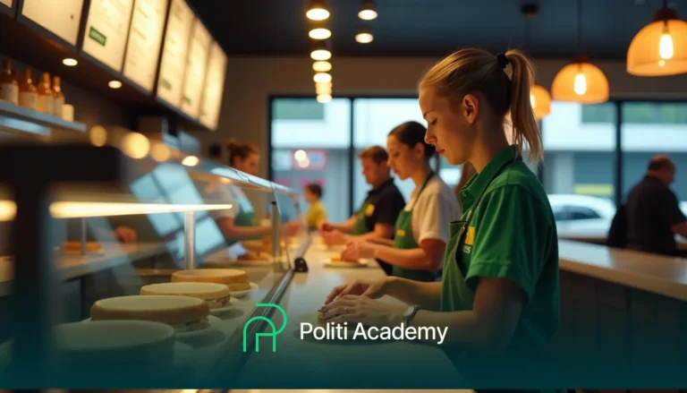 Pessoas uniformizadas preparando sanduíches atrás de um balcão em uma loja bem iluminada.