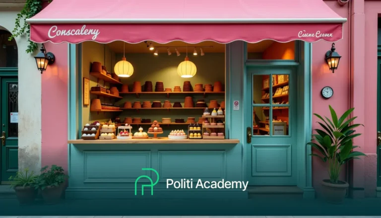 Uma padaria com toldo rosa e fachada azul-petróleo exibe vários doces na vitrine. A placa diz "Politi Academy.