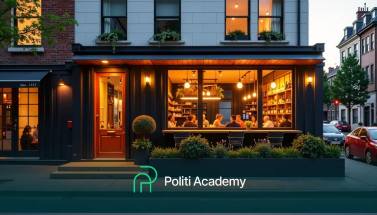 Vista da rua de um café bem iluminado com pessoas dentro, sentadas em um balcão. O prédio tem janelas grandes e plantas do lado de fora. O texto na parte inferior diz "Politi Academy.
