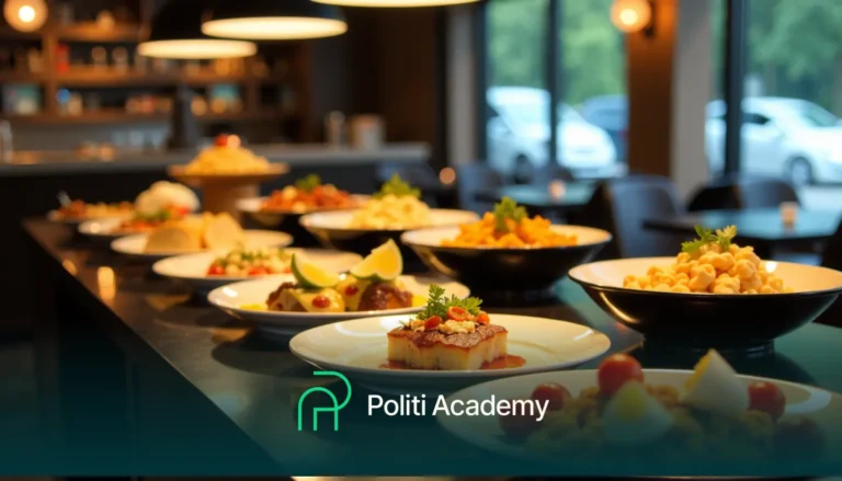 Uma variedade de pratos expostos em um balcão em um ambiente de restaurante, com iluminação ambiente suave. Os pratos contêm refeições variadas.