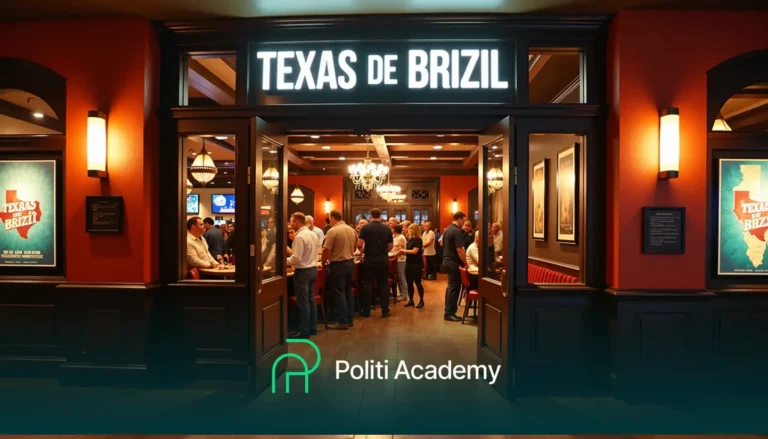 Entrada do restaurante com placa "Texas de Brazil". Pessoas reunidas lá dentro, perto das mesas. Lustre e arte de parede visíveis. Logotipo da Politi Academy na parte inferior.