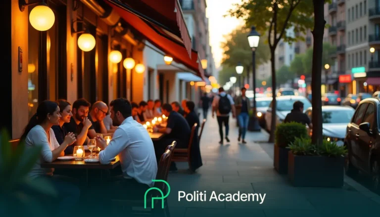 Pessoas jantando em mesas de restaurante ao ar livre em uma rua da cidade durante a noite; iluminação quente e ambiente urbano movimentado.